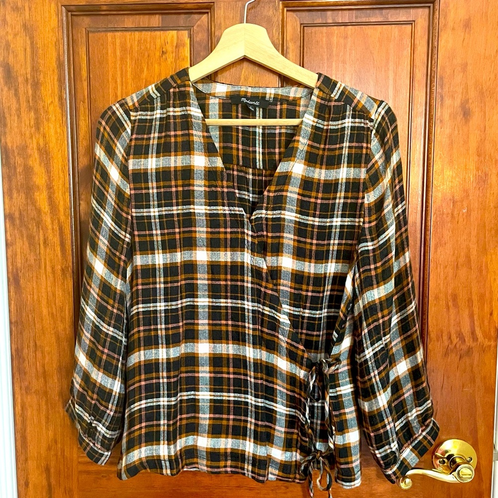 Madewell Plaid wrap top.